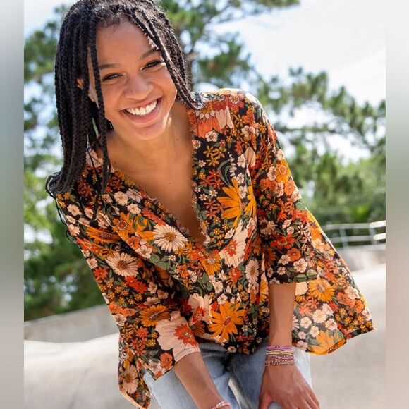 Natural Life NEW Loge Floral Boho Cotton Top w/ Matching Drawstring Bag S/M - Picture 2 of 8